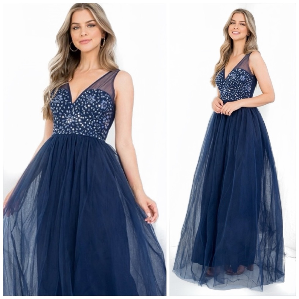 CRYSTAL RHINESTONE EMBELLISHED DEEP NAVY BLUE PRINCESS BALL PROM GOWN